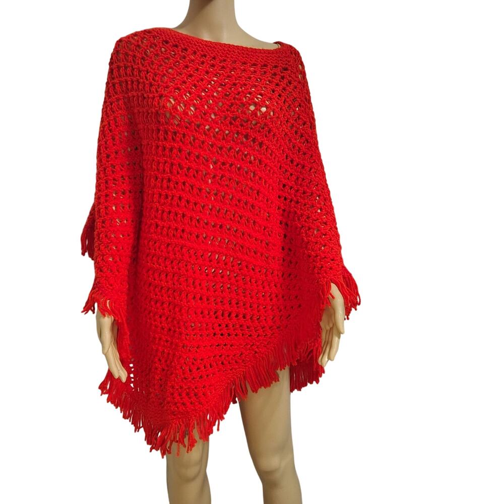 70s Crochet Poncho Red Open Knit Fringe Boho Festivals Vintage Caplet One Size